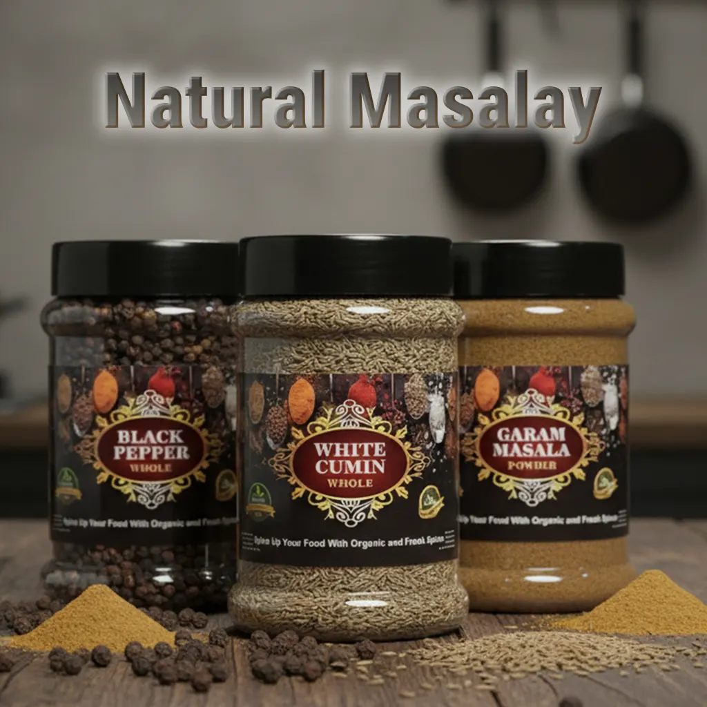 Jars of Sajjad Jani Mart black pepper, white cumin and garam masala